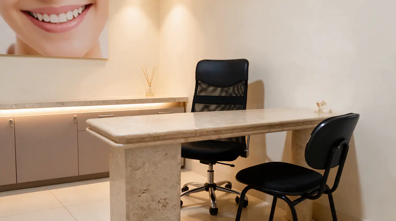 Consultório com mesa de mármore travertino (imagem ilustrativa)