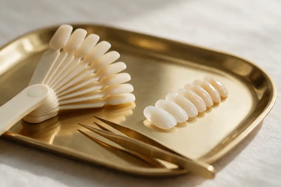 Lâminas de porcelana, escala de cor dos dentes e pinça (imagem ilustrativa)