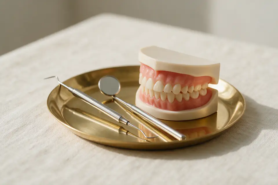 Sonda periodontal, espelho clínico e modelo de gengiva (imagem ilustrativa)