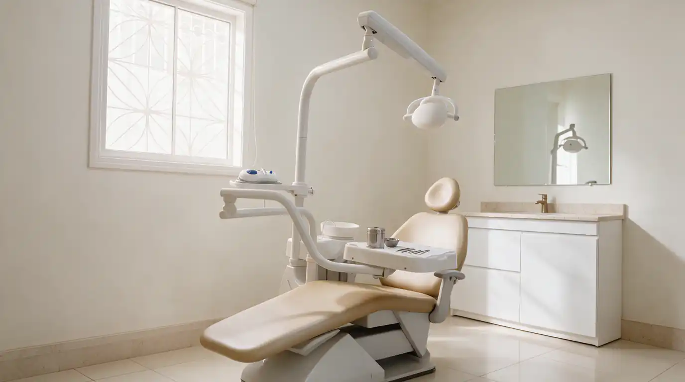 Sala de atendimento com cadeira odontológica em tom marfim, janela e bancada com espelho (imagem ilustrativa)